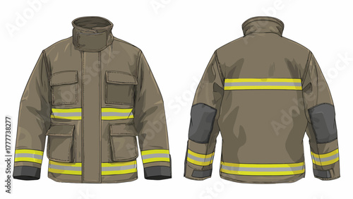 Technical Vector Drawing of Firefighter Bunker Coat - Fire Retardant Safety Jacket with Reflective Stripes