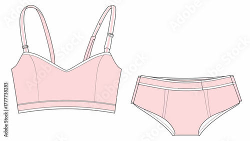 Lingerie Set Vector Flat Sketch - Padded Bralette and Bikini Panties Technical Drawing Template