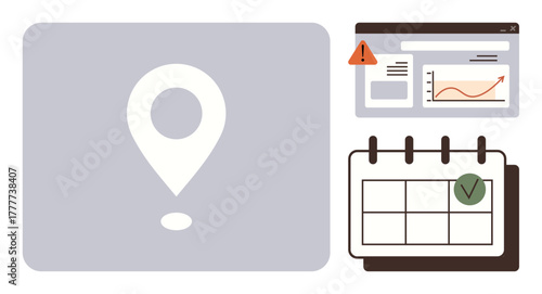 Map pin, analytics dashboard with alert icon, and calendar with checkmark. Ideal for navigation, planning, scheduling, task management, analytics, time tracking flat metaphor