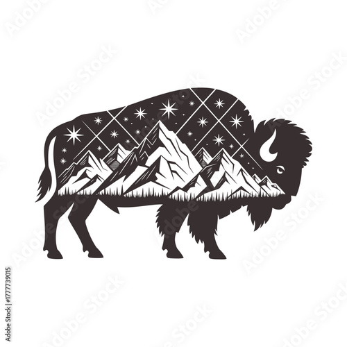 Majestic bison silhouette filled with starry night sky and mountain landscape
