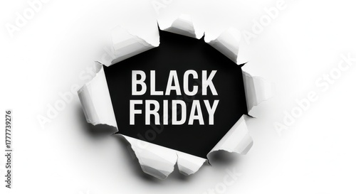 Black friday text revealed through torn paper effect isolated on white background