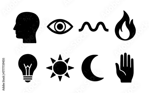 Retro silhouette icons: fire, moon, hand, sun, and more simplistic symbols