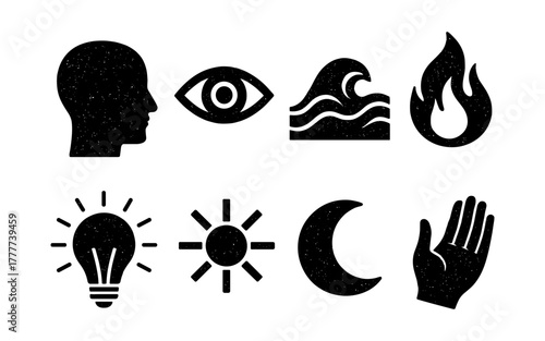 Distressed texture icons: elements and symbols in silhouette style