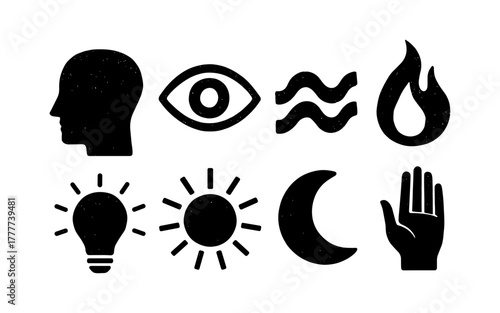 Silhouette icons of human head, eye, elements, fire, light, sun, moon, hand