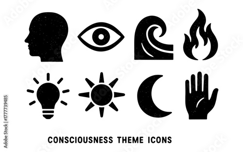 Consciousness theme icons set: human silhouette, eye, wave, fire, light bulb, sun, moon, hand