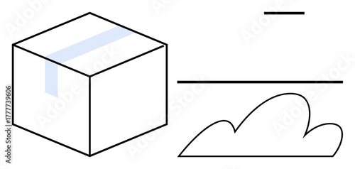 Box sealed with tape, cloud silhouette, and simple lines evoke shipping, storage, logistics, cloud computing, connection, simplicity organization and creativity themes. Ideal for simple flat