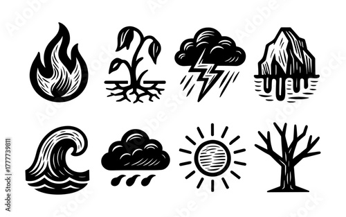 Nature symbols: fire, water, storm, sun, and trees in bold black style