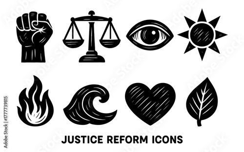 Justice reform icons set featuring symbols of balance, strength, and nature in bold black silhouette style