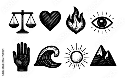 Hand-drawn icon set featuring heart, eye, nature, and balance symbols