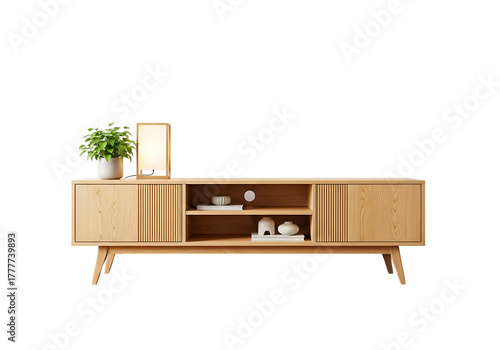 Light wood tv stand with decor isolated on transparent background