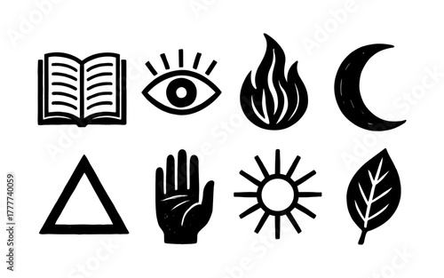 Mystical symbols collection: book, eye, fire, moon, triangle, hand, sun, leaf