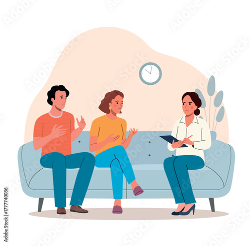 Family psychologist talks to a married couple on the sofa. Psychological consultation. Vector flat style illustration