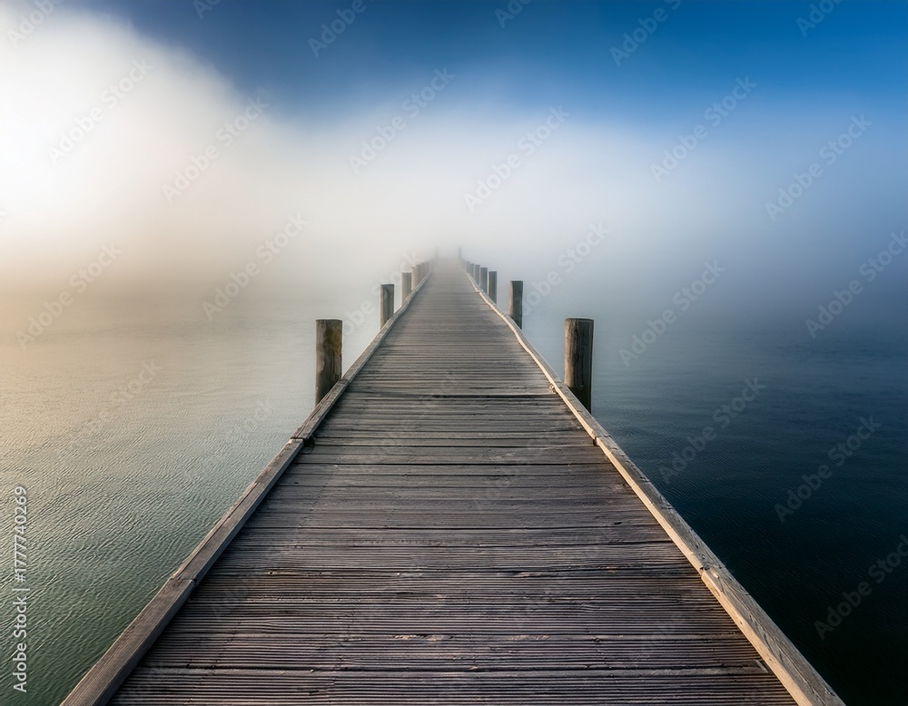 Fototapeta premium ethereal perspective of a wooden pier disappearing into a horizon concealed by fog