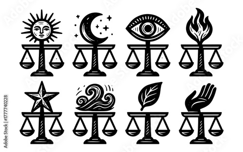 Celestial and elemental symbols on scales: sun, moon, eye, flame, star, wave, leaf, hand design set