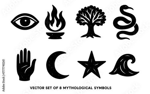 Mythological symbol set featuring eye, fire, tree, snake, and more