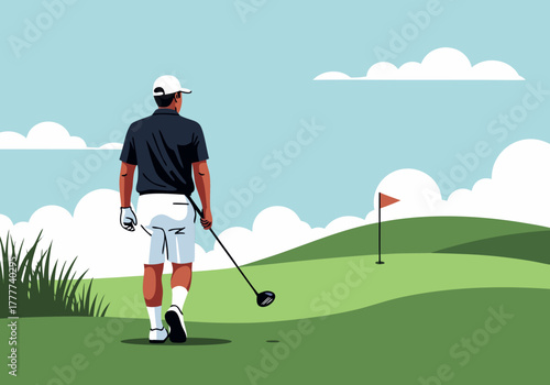 Golf Player with Club Walking Towards Flag on Green Course Illustration