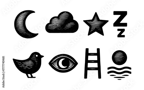 Hand drawn night and dream symbols: moon, star, cloud, and more