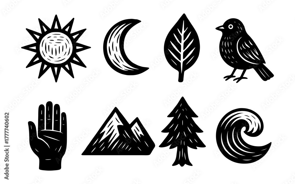 Naklejka premium Nature and symbol icons in hand drawn black style: sun, moon, leaf, bird, hand, mountain, tree, wave