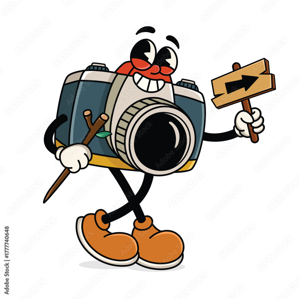 Obraz premium Funny Cartoon Camera Mascot Holding Arrow Sign
