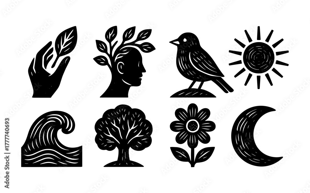 Obraz premium Minimalist nature icons: sun, moon, and more in black silhouette style
