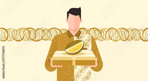 Man Holding a Gift Box with Durian Fruit Against a Patterned Backdrop