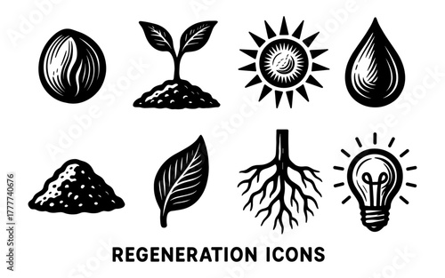 Regeneration icons set: growth, energy, nature, and sustainability symbols