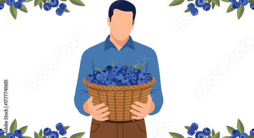 Man Holding Basket Filled With Blueberries Freshly Harvested in Vector Illustration Presentation