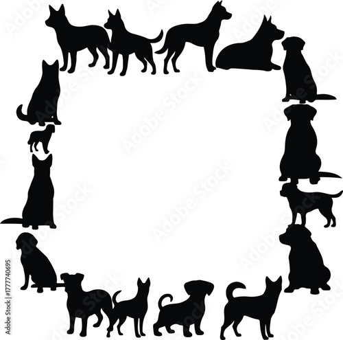 A circular arrangement of dog silhouettes in various poses against a clean white background.