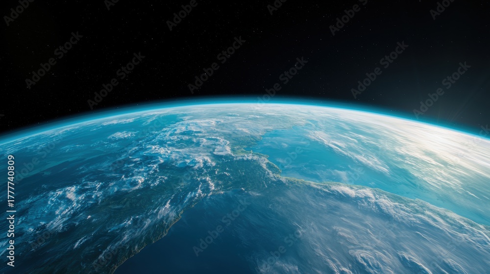 Obraz premium Earth Aerial view of Earth from space, showing vast oceans, green continents, and white clouds.