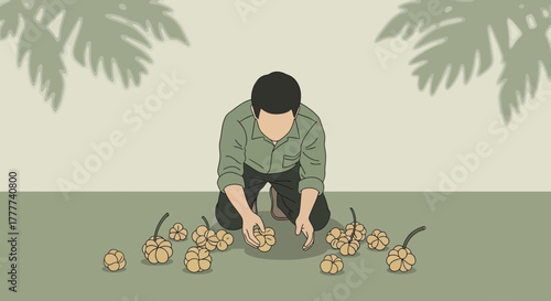 Man Kneeling Harvesting Fruits Under Palm Fronds Simple Illustrated Scene