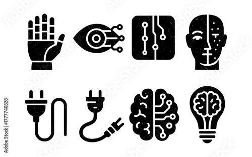 Futuristic technology icons set: artificial intelligence and cybernetics designs