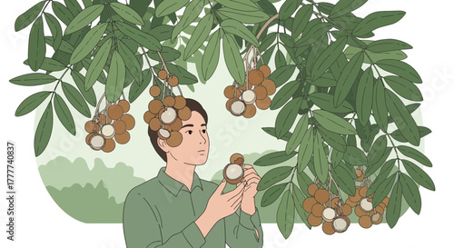 Man Opening Longan Fruit Under Green Tree, Illustrating Harvest and Nature