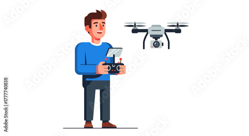 Man Operating a Drone with Remote Control Flying, Capturing Aerial Footage, and Observing