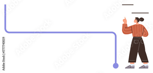 Woman in casual attire pointing toward a segmented layout with a purple line guiding focus. Ideal for presentations, workflow, creativity, planning, education, teamwork, problem-solving. A simple