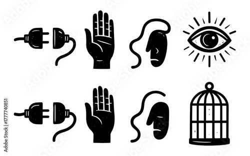Minimalist vintage symbol set featuring power plug, hand, abstract face, eye, and birdcage