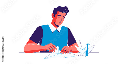 Man Patiently Folding Origami: A Study In Precision And Artistic Expression