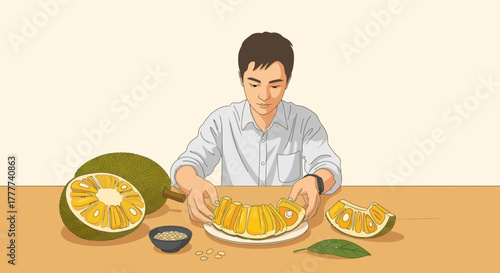 Man Preparing Luscious Jackfruit Slices, Showcasing Fresh Produce, Artistic Illustration