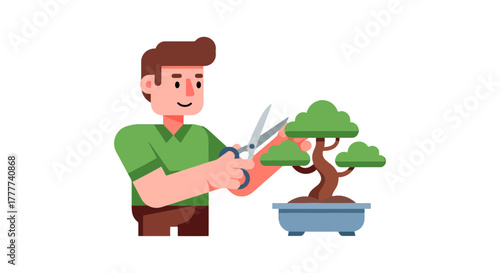 Man Pruning Bonsai Tree With Scissors In A Calm And Relaxing Gardening Activity