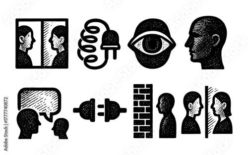 Hand drawn symbolic concepts: communication, reflection, connection, and observation