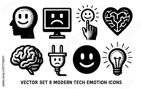 Retro style emotion and technology icons set with human tech themes