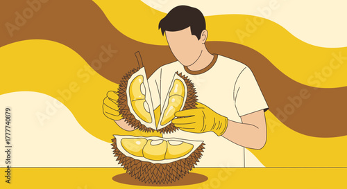 Man Preparing a Sweet Durian Fruit in a Yellow Gradient Background, Aesthetic Style