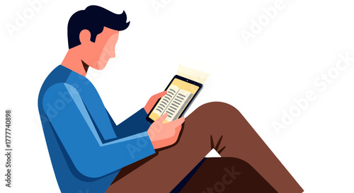 Man Reading E-Book: Digital Leisure and Focused Study in Modern Life