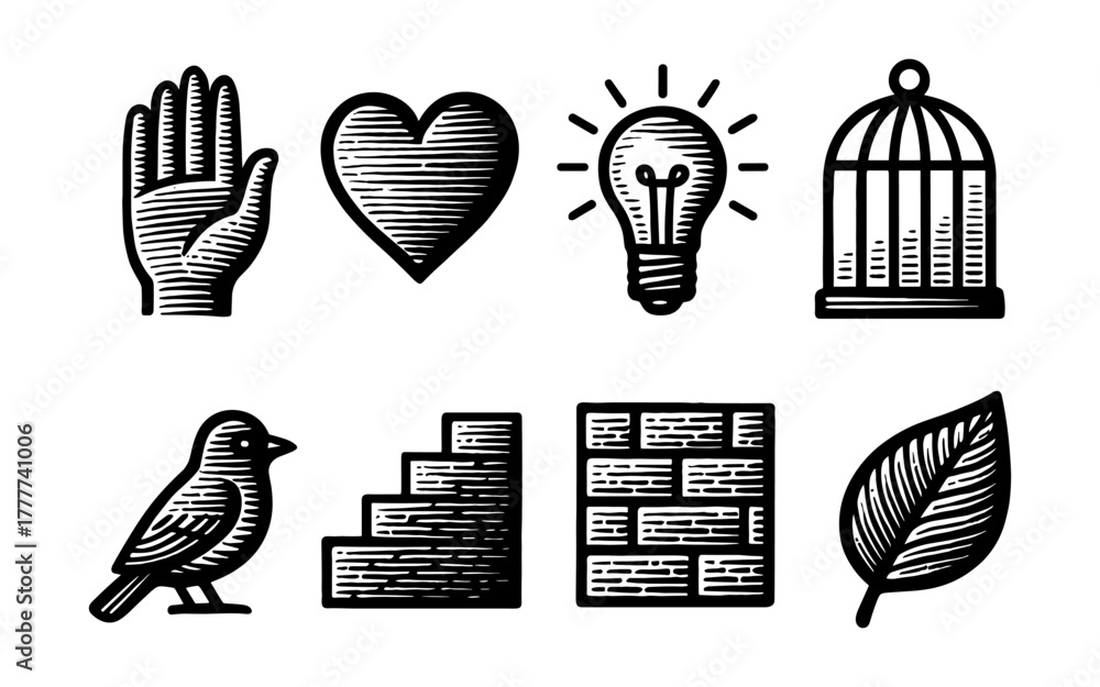 Naklejka premium Vintage woodcut style icons of hand, heart, light bulb, cage, bird, stairs, brick wall, and leaf