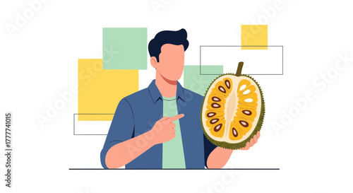 Man Showcasing Exotic Fruit, Artistic Illustration Emphasizing Freshness and Natural Elements