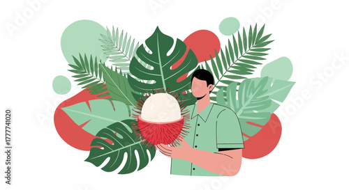 Man Showcasing Exotic Rambutan Fruit Against Botanical Greenery Background Illustration