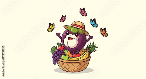 Mangosteen Character Enjoying Fruits with Butterflies Around a Basketful