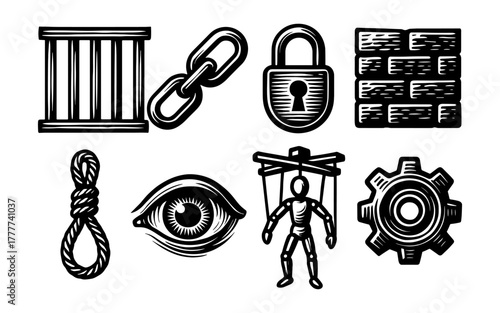 Intricate monochrome icons depicting prison, control, and security elements