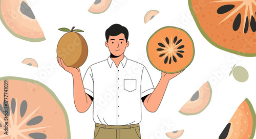 Man Showcasing Exotic Sapodilla Fruits With Illustrations for Nutritional Concepts