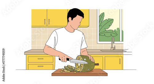Man Slicing Fresh Exotic Fruit Preparing Ingredient In Contemporary Kitchen Setting
