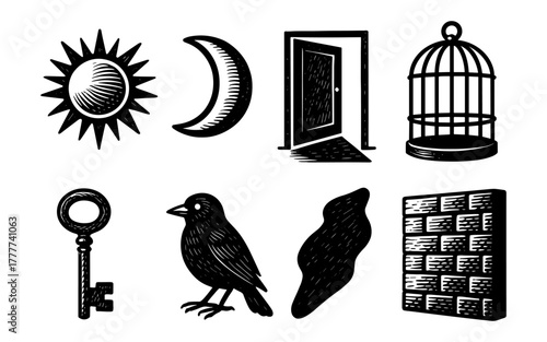 Vintage black and white symbols collection: sun moon key bird cage and more